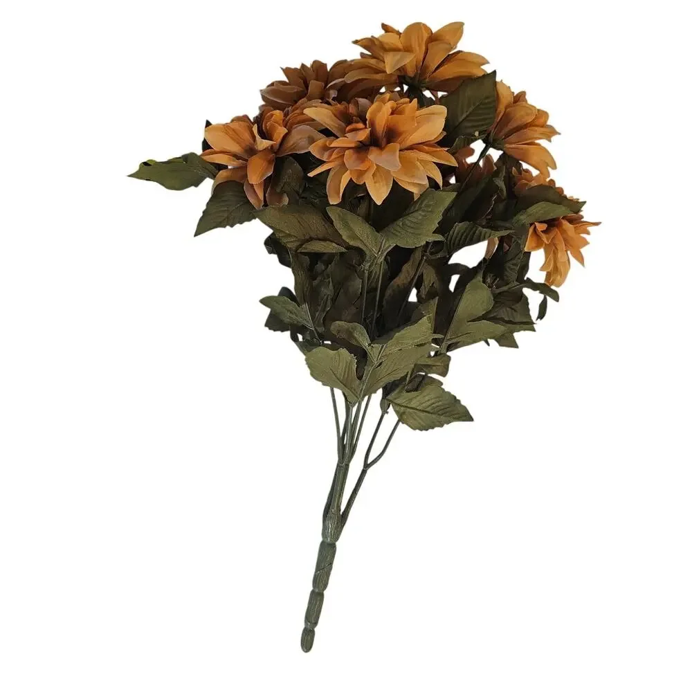 Artificial Tan Mum Flower Bushes Lot 2 15in Silk Chrysanthemum Fall Floral Decor